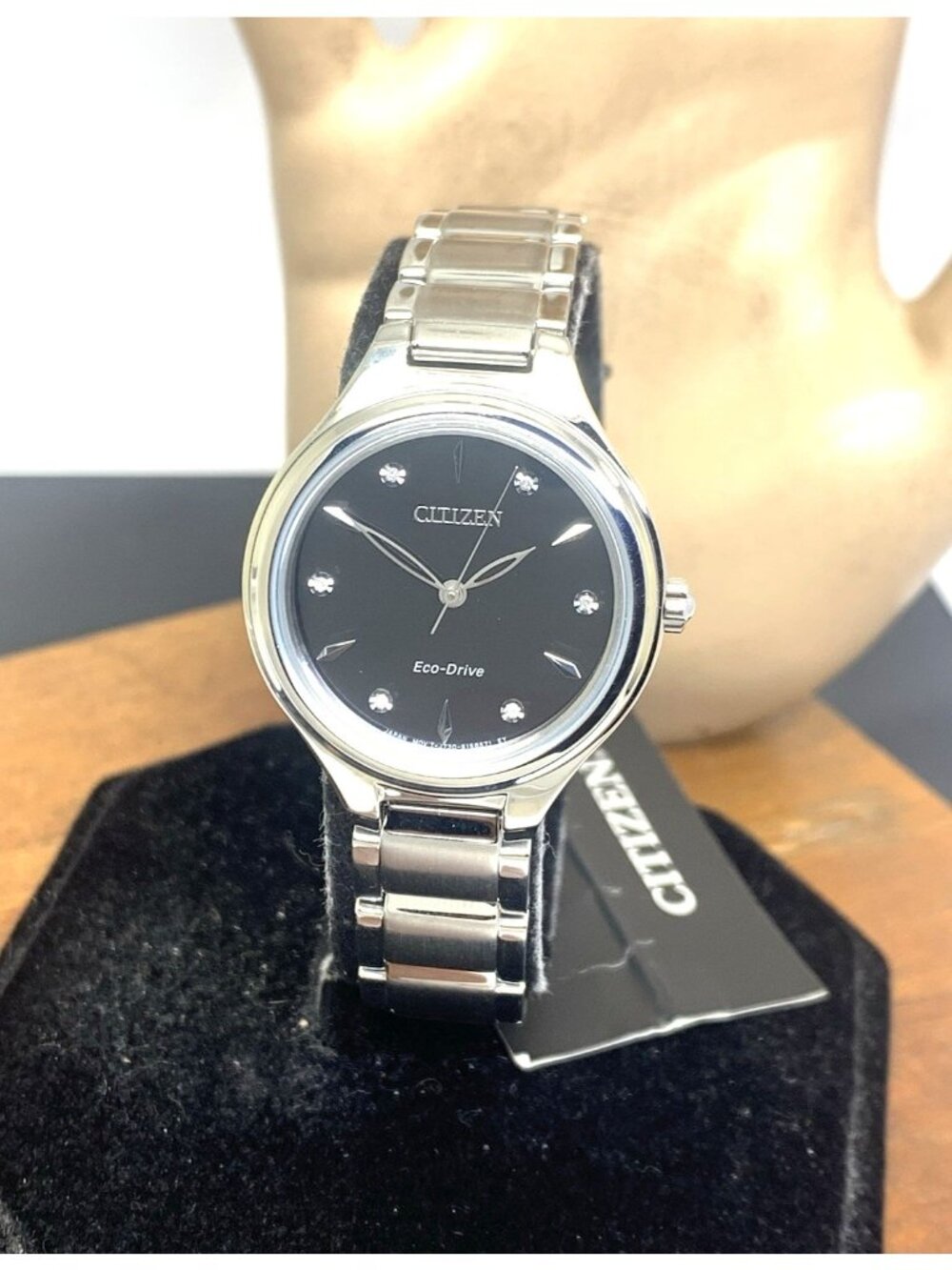 Citizen Womens Watch FE2100-51E Eco Drive Diamond Accent Black Dial Silver Steel